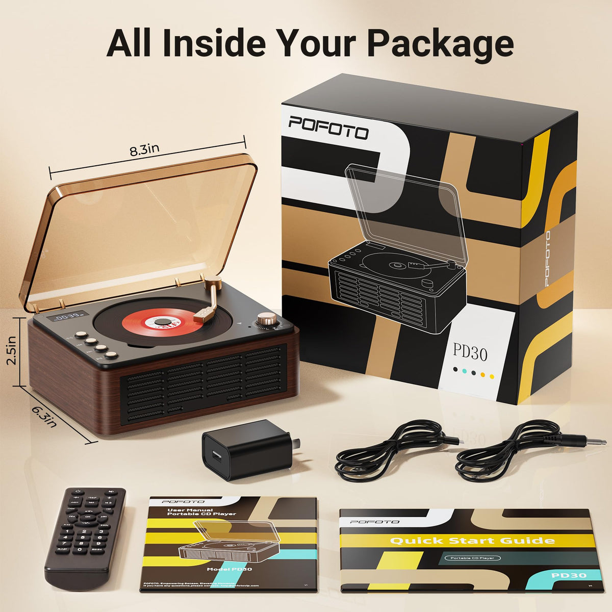 pofoto player next to headphones showing compact scale and transport benefit