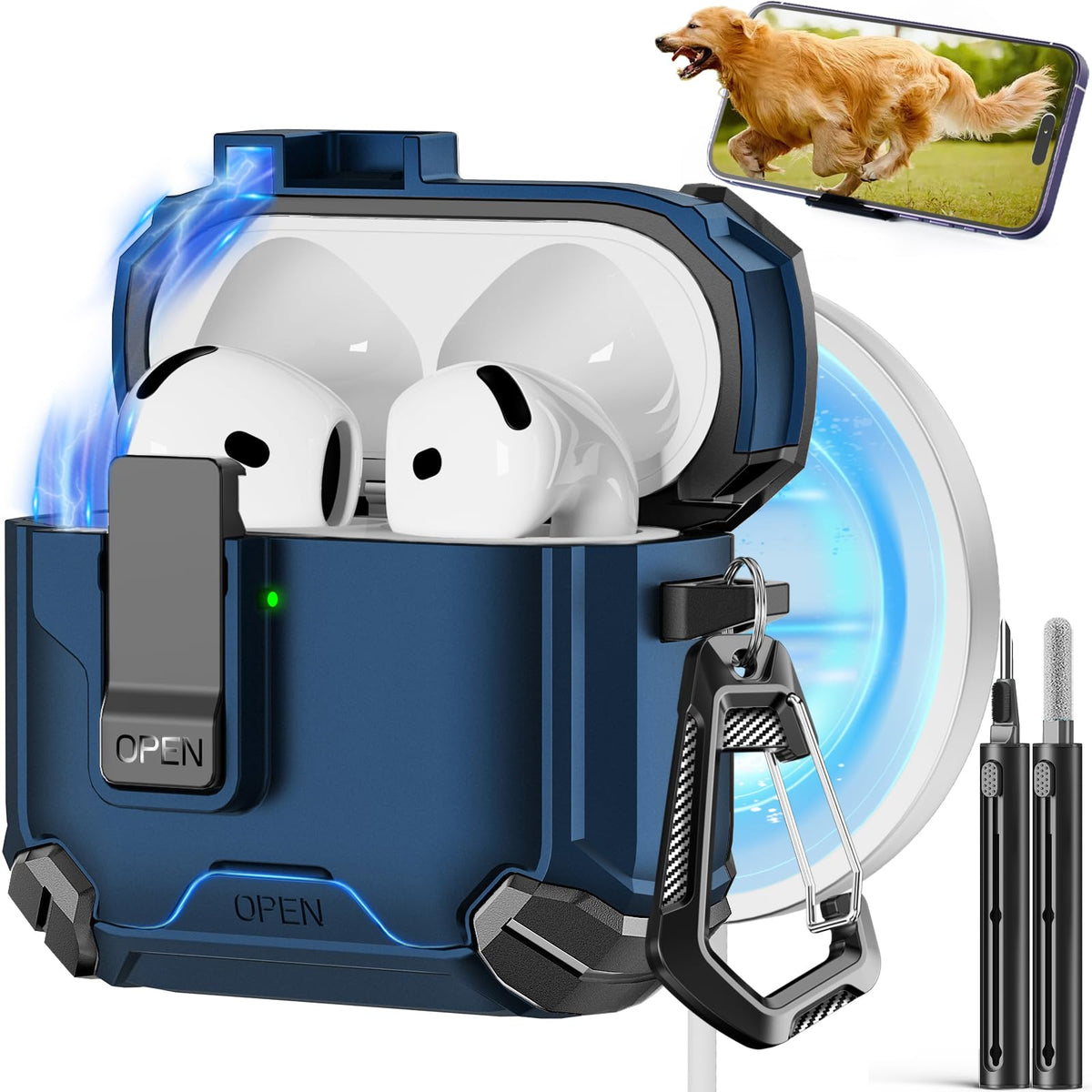 Pohgelan AirPods 4 case blue, front view for quick access and protection.