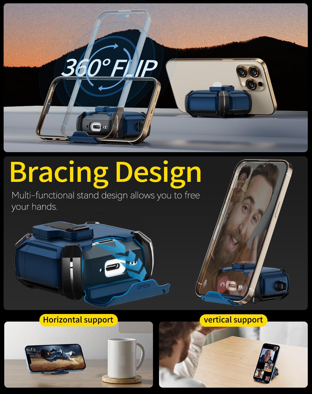 Pohgelan AirPods 4 case blue with magnetic lock in action for secure storage.