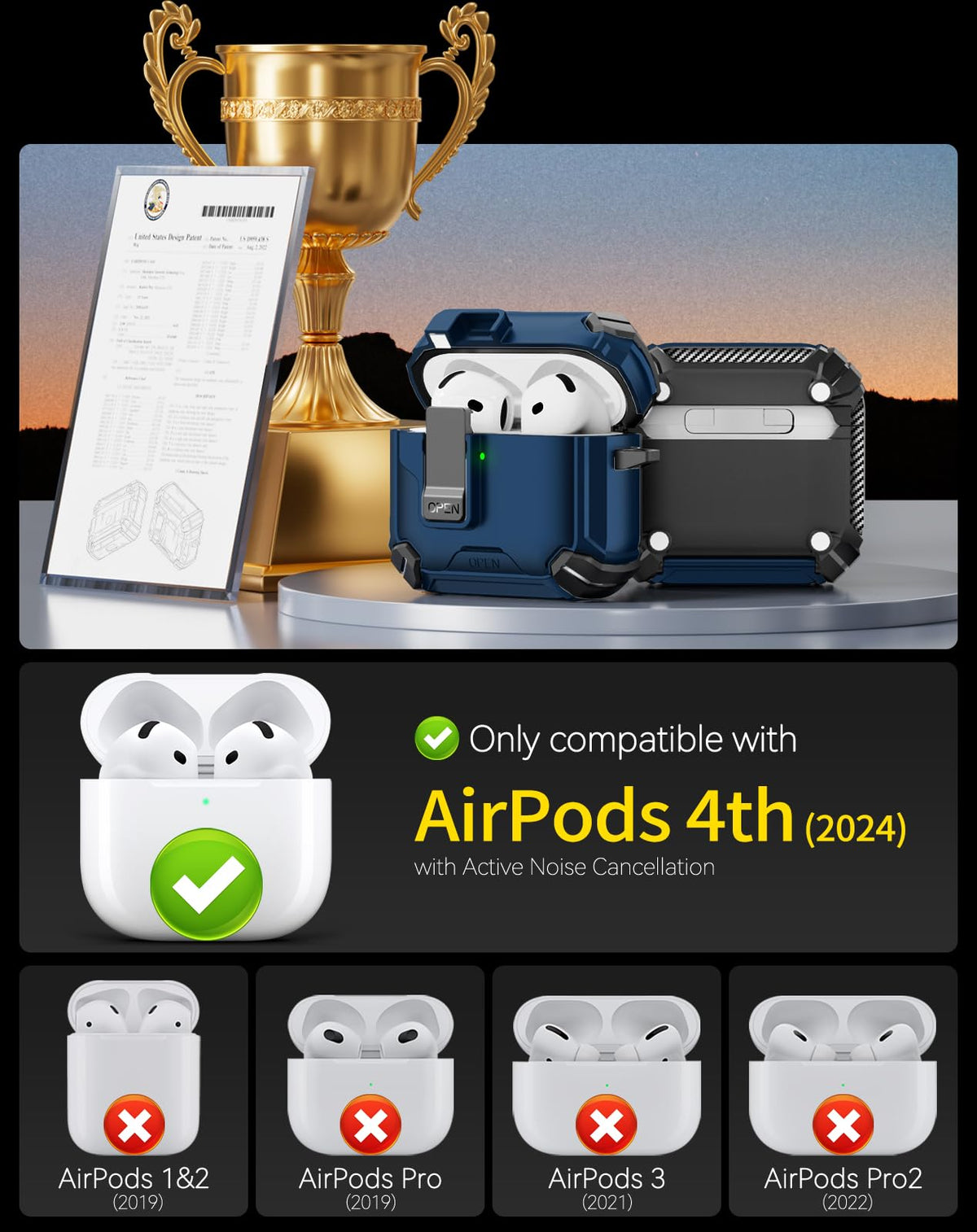 Pohgelan AirPods 4 case blue, lock-open view showing one-handed access.