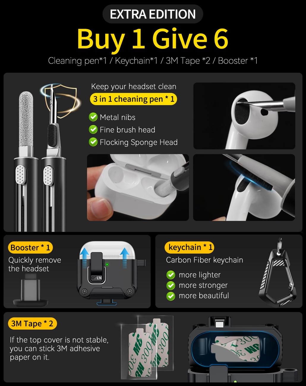 Pohgelan AirPods 4 case includes cleaning kit and extras.