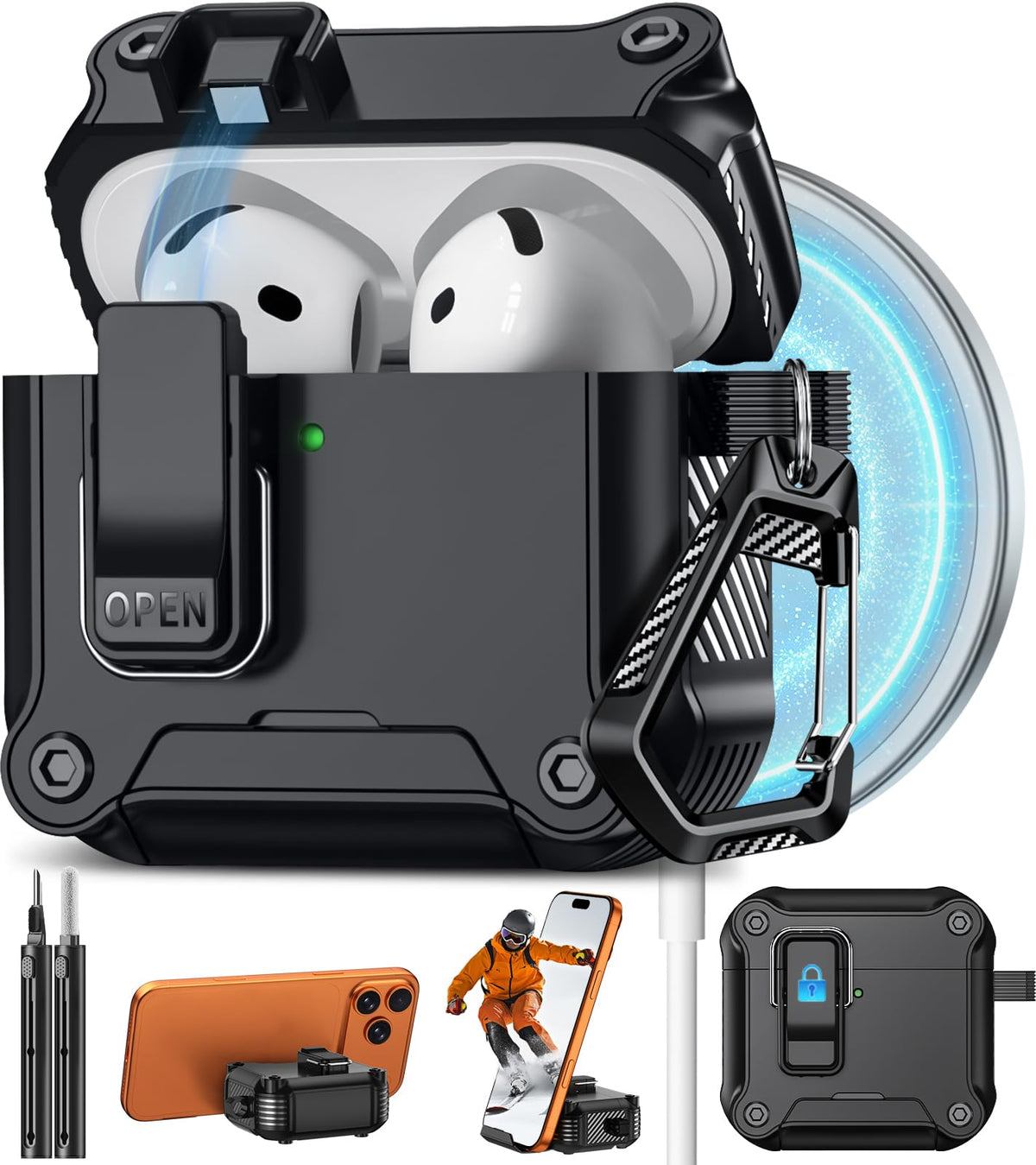 Pohgelan AirPods 4 case with lock, closed for secure protection.