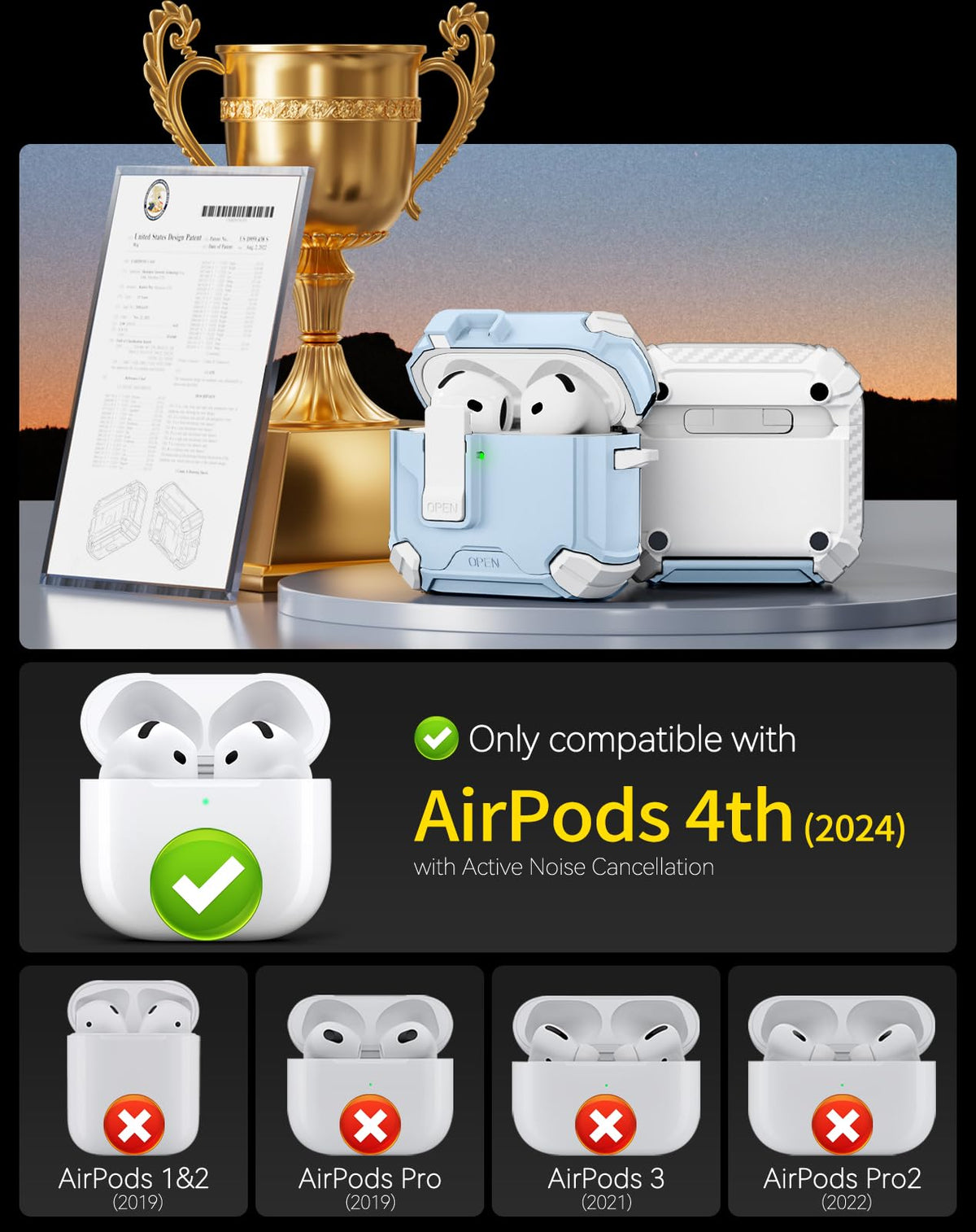 Pohgelan AirPods 4 case showing built-in phone stand for hands-free viewing.