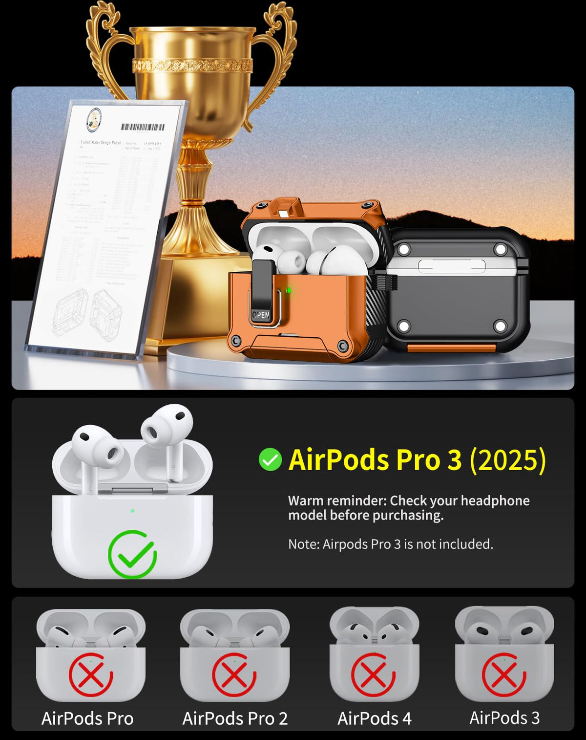 Pohgelan AirPods Pro 3 case orange, open-lock function demonstrating one-hand access