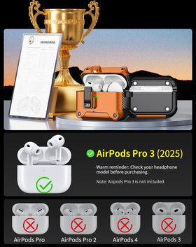 Pohgelan AirPods Pro 3 case orange, open-lock function demonstrating one-hand access