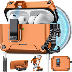 Pohgelan AirPods Pro 3 case orange, side view with secure lock for travel protection