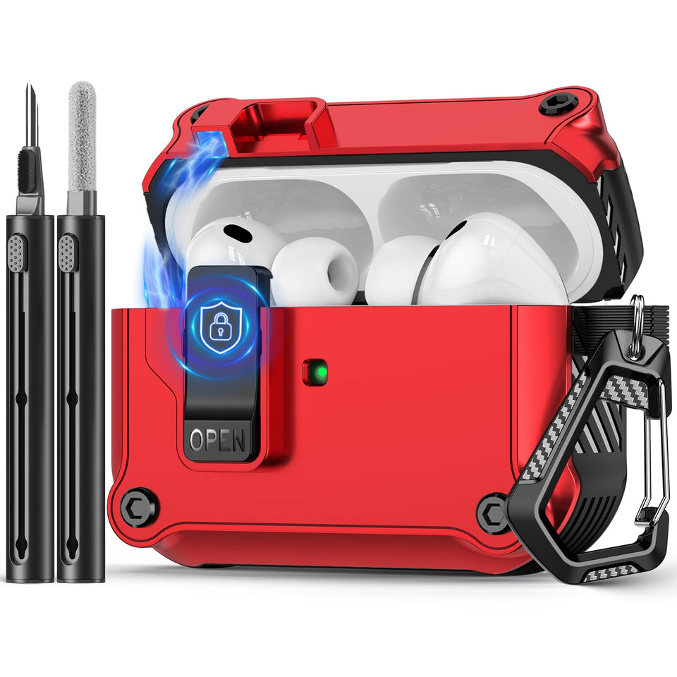 Pohgelan AirPods Pro case with automatic lock for secure, one-handed use.