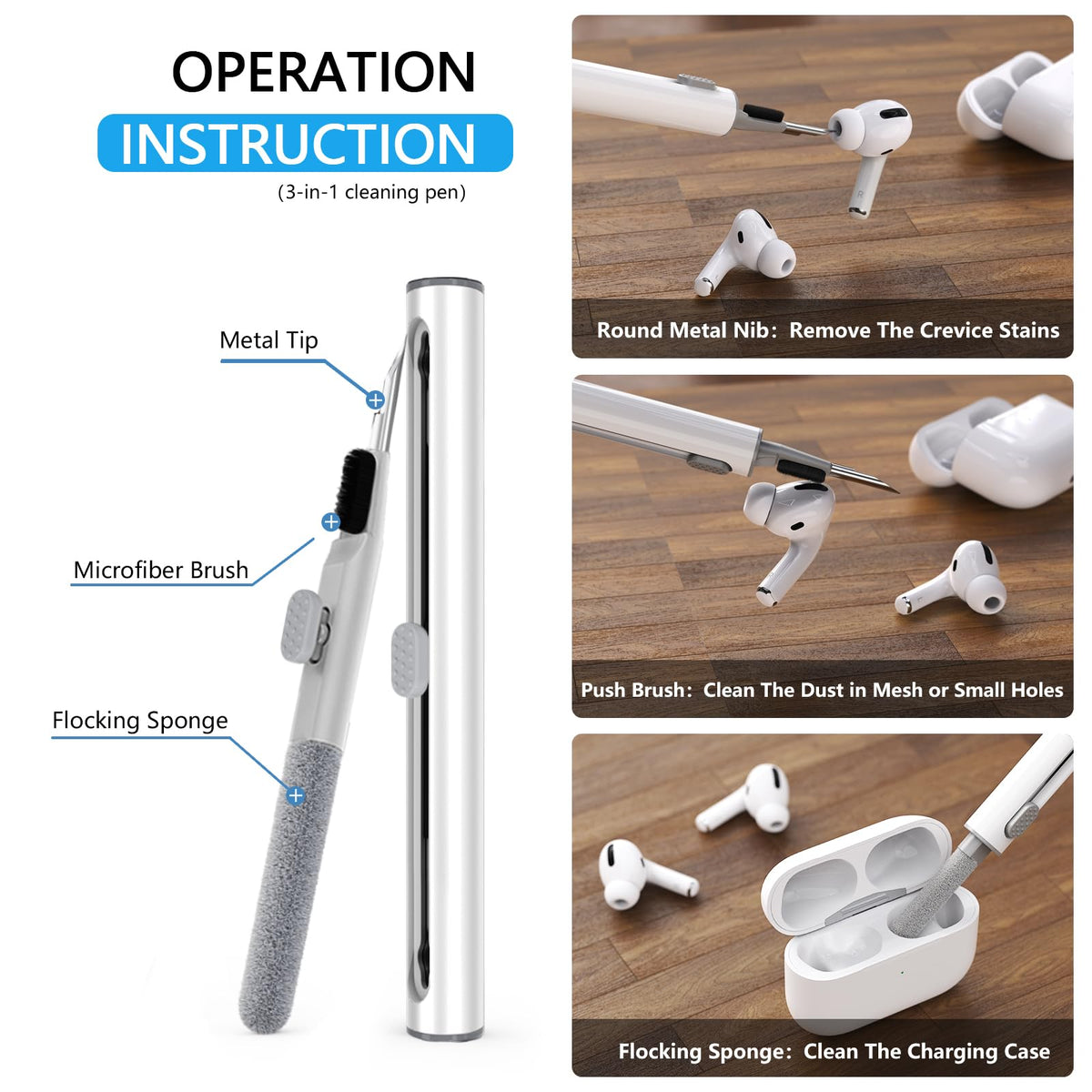Pohgelan AirPods Pro case with included keychain and cleaning pen.
