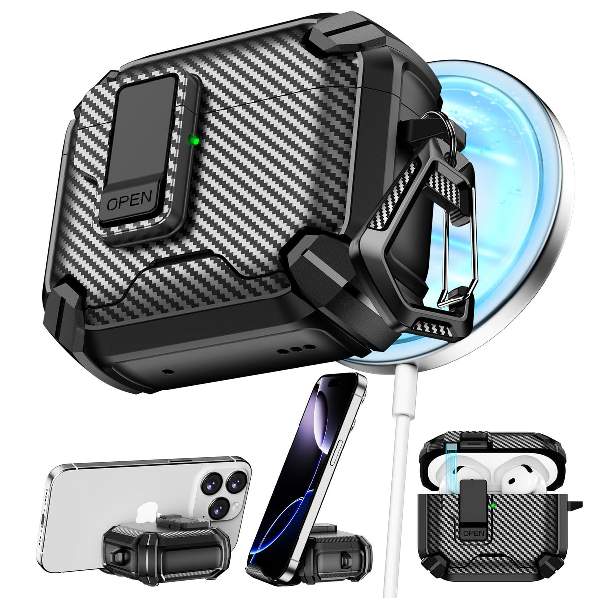 Pohgelan AirPods 4 case with carbon fiber texture for stylish protection.