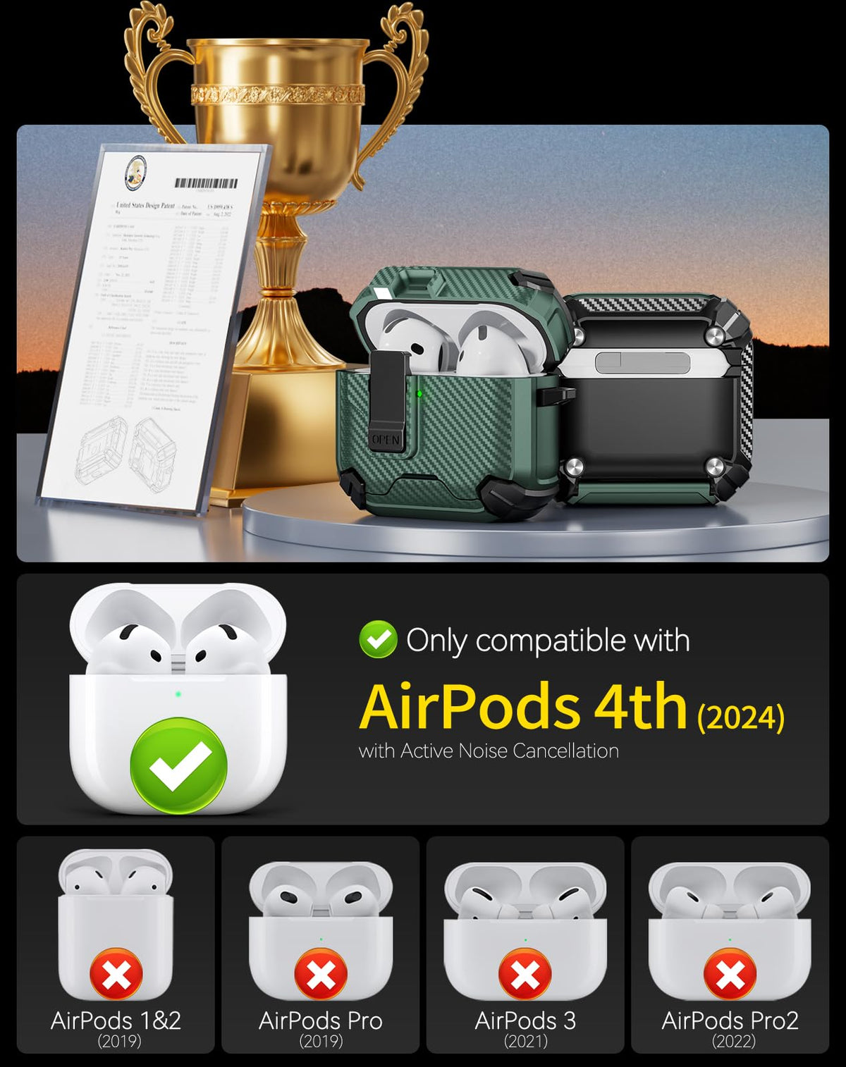 Pohgelan AirPods 4 case shows a phone stand for hands free viewing.