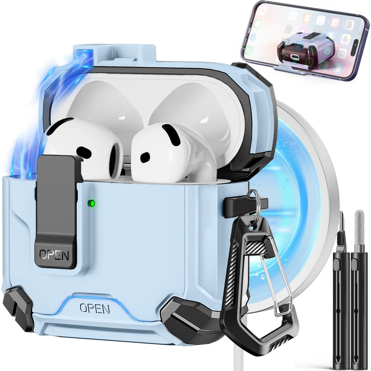 Pohgelan AirPods 4 case sky blue front view protects earbuds and adds style.