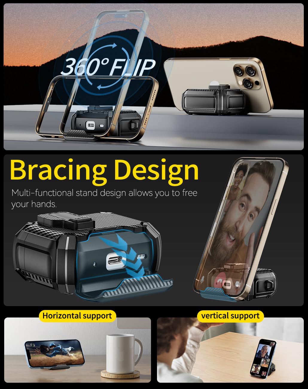 Pohgelan case with built-in phone stand supports hands-free viewing.