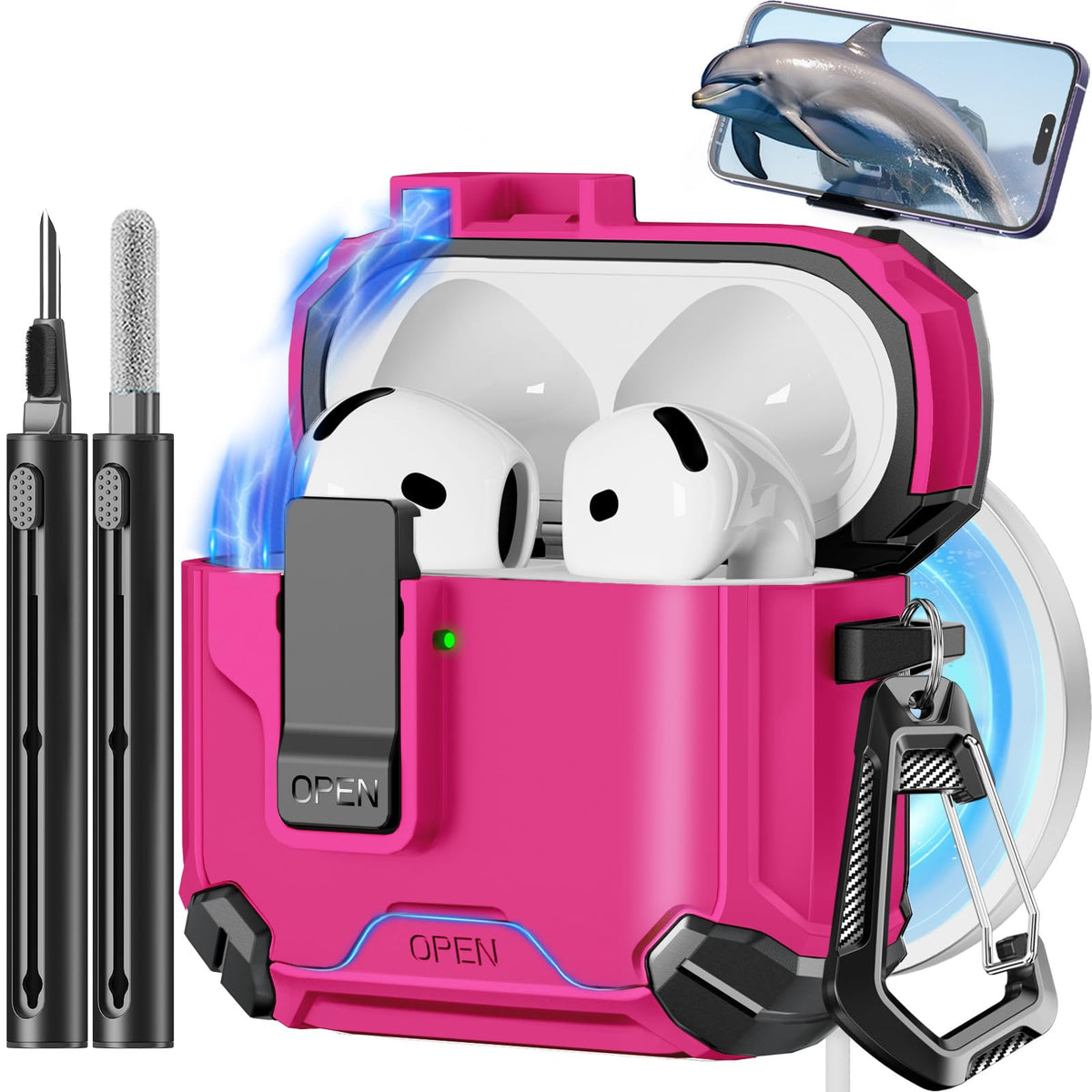 Pohgelan AirPods 4 rose-red case close-up showing premium finish and protective edge.