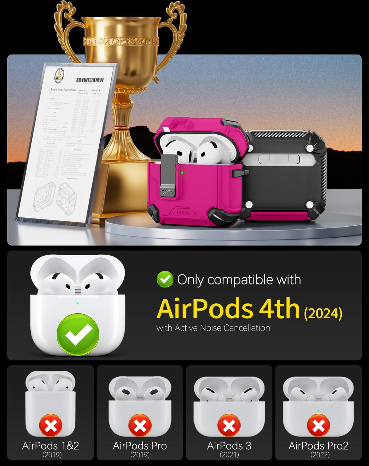 Pohgelan AirPods 4 rose-red lock-function demonstrates secure design with one-handed access.