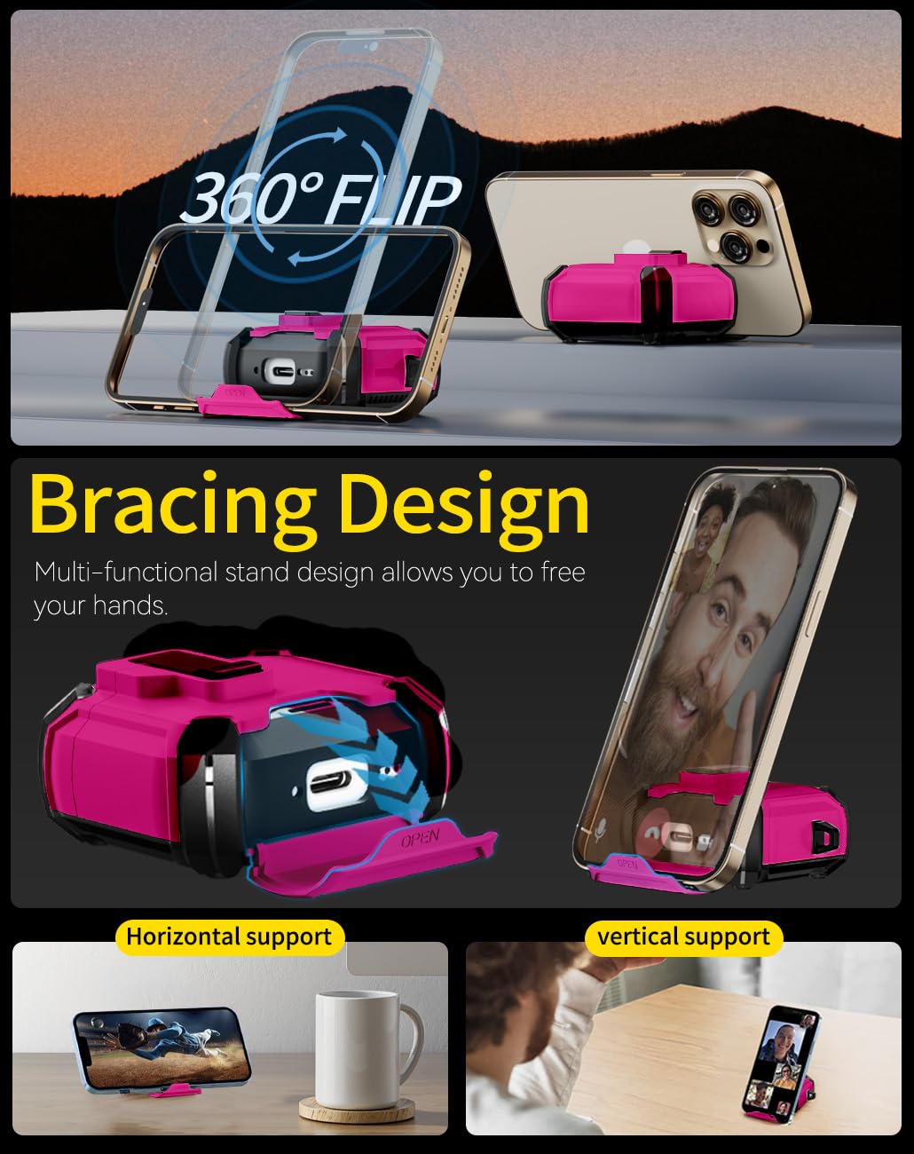 Pohgelan AirPods 4 rose-red stand-open showcases convenient video viewing on the go.