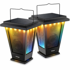 Pohopa solar Bluetooth speaker pair outdoors for immersive stereo sound.