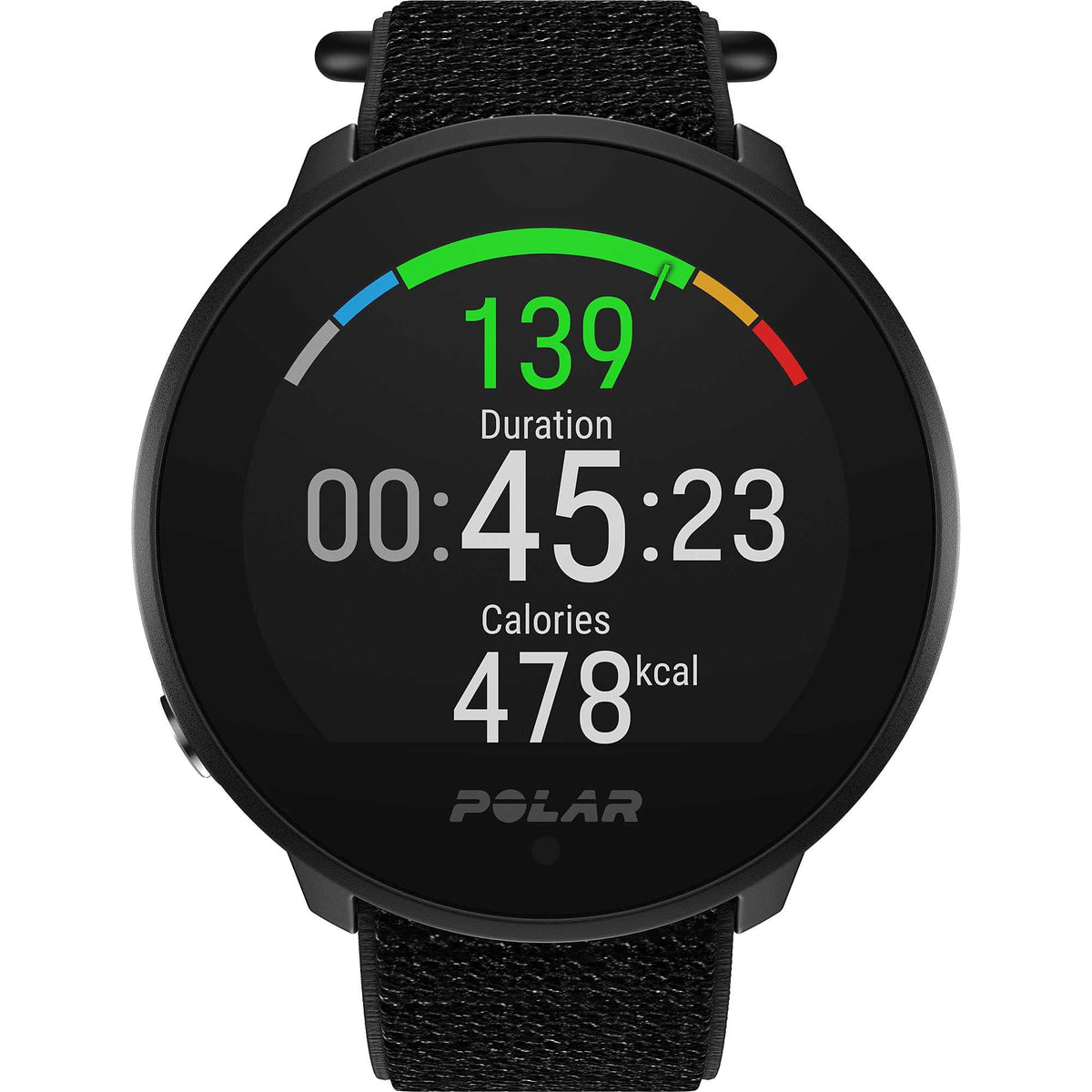 Polar Unite on wrist displays live heart rate and GPS routes for outdoor workouts.