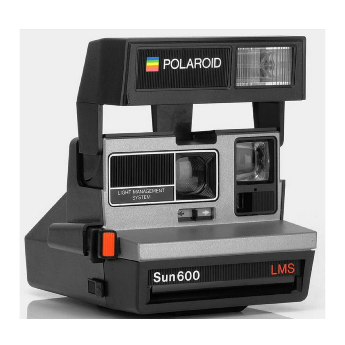Polaroid 600 Sun600 LMS camera front view in silver and black, ready for memories.
