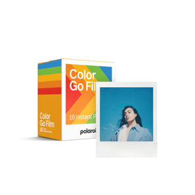 Polaroid Go color film double pack with sixteen photos in white frames.