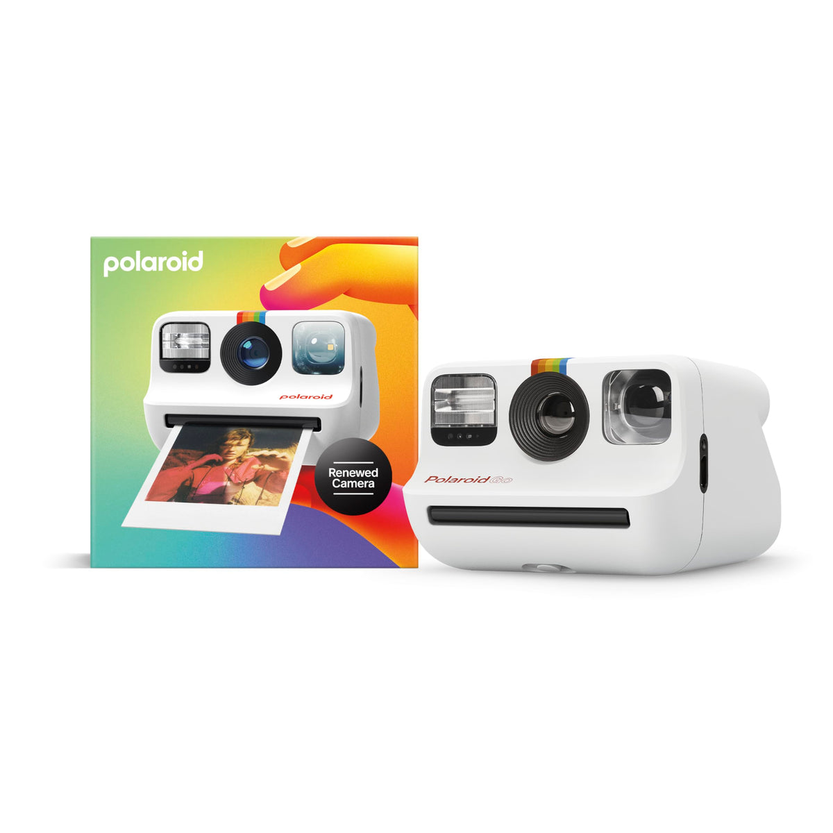 Polaroid Go front view in white showing compact body and flash — Polaroid convenience