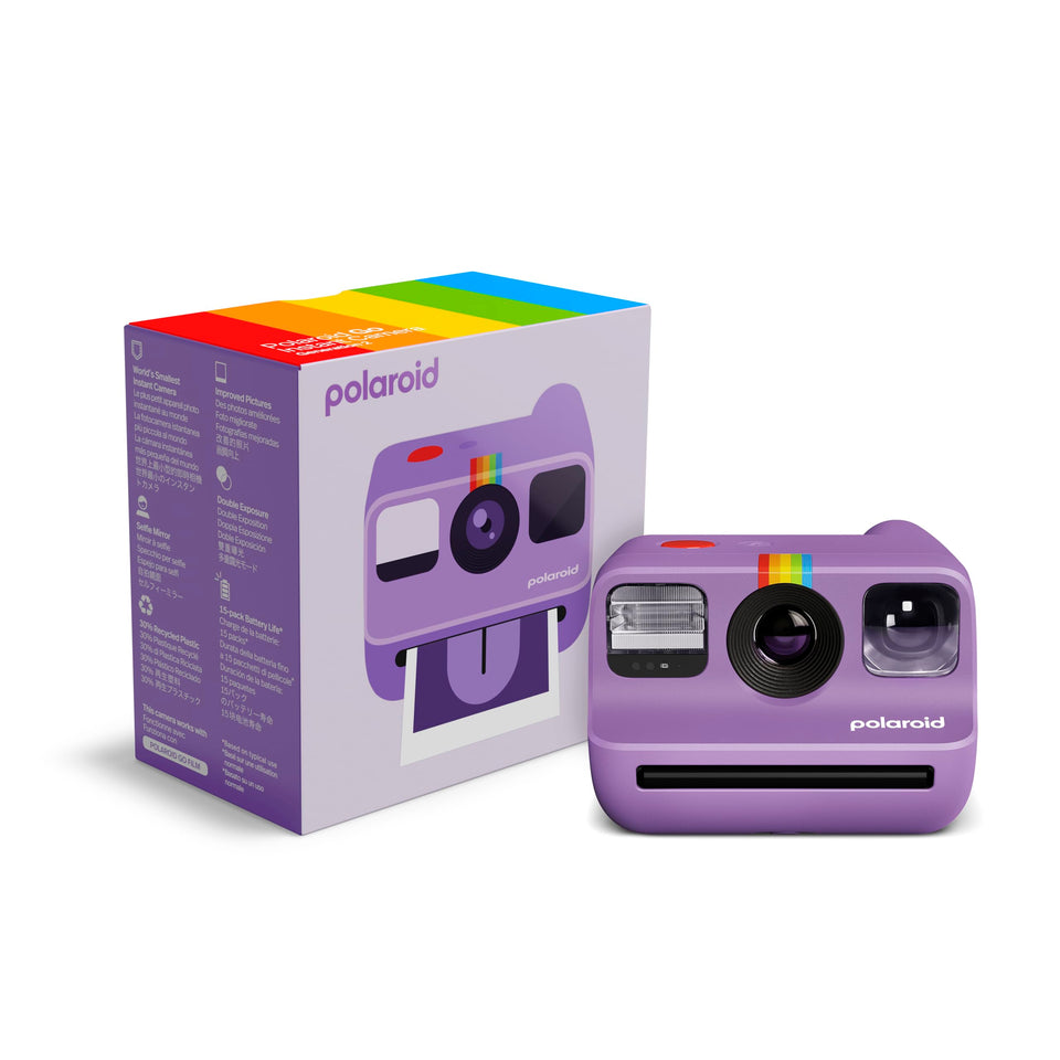 Polaroid Go Gen 2 purple front view, ultra-portable instant camera for quick selfies.