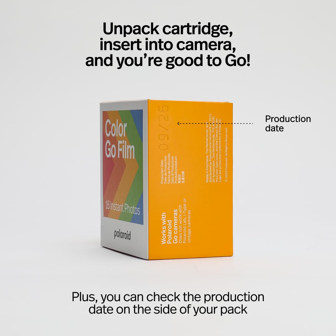 Polaroid Go packaging shows 16-photo film pack ready to use
