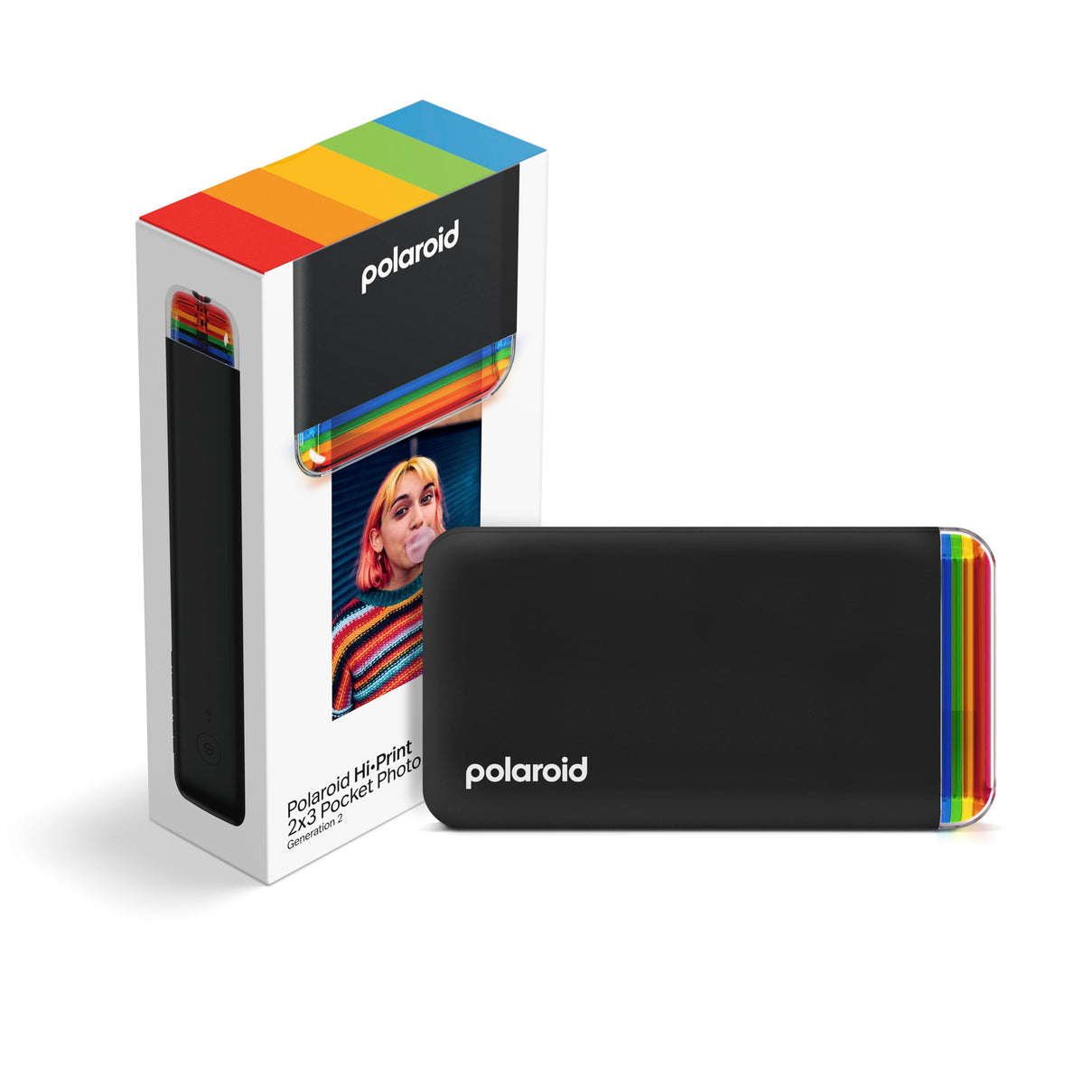Polaroid Hi-Print 2x3 printer in black, front view for portable on-the-go printing.