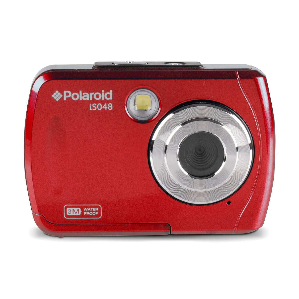 Polaroid IS048 waterproof camera front view shows versatile on-the-go adventures.