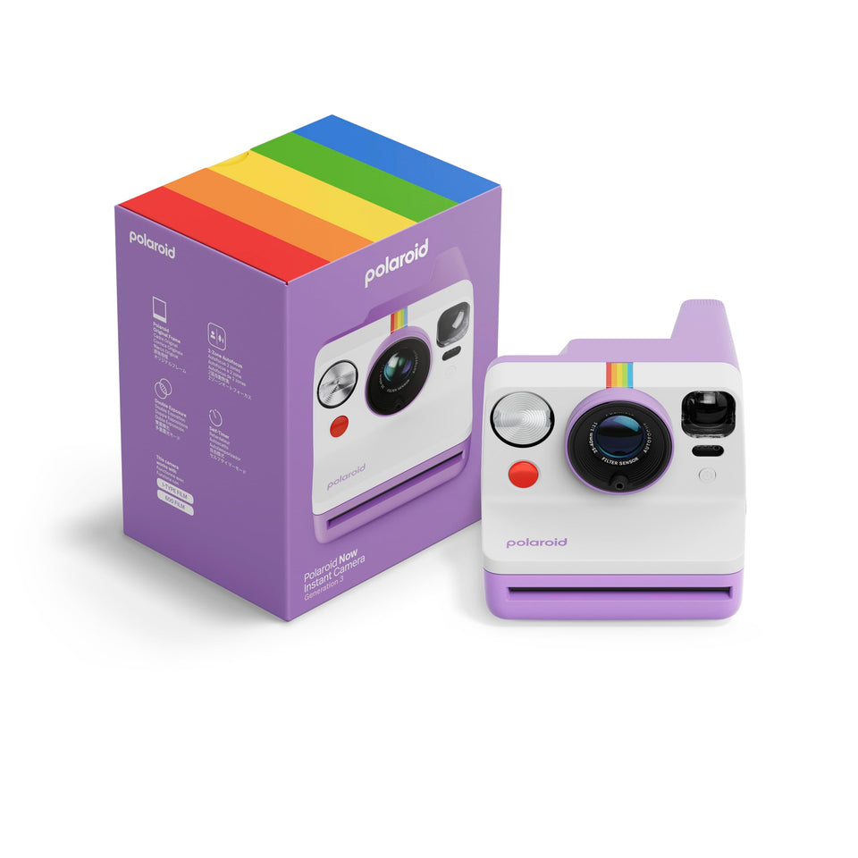 Polaroid Now 3rd Gen Purple front view highlights portable design for on-the-go photography.