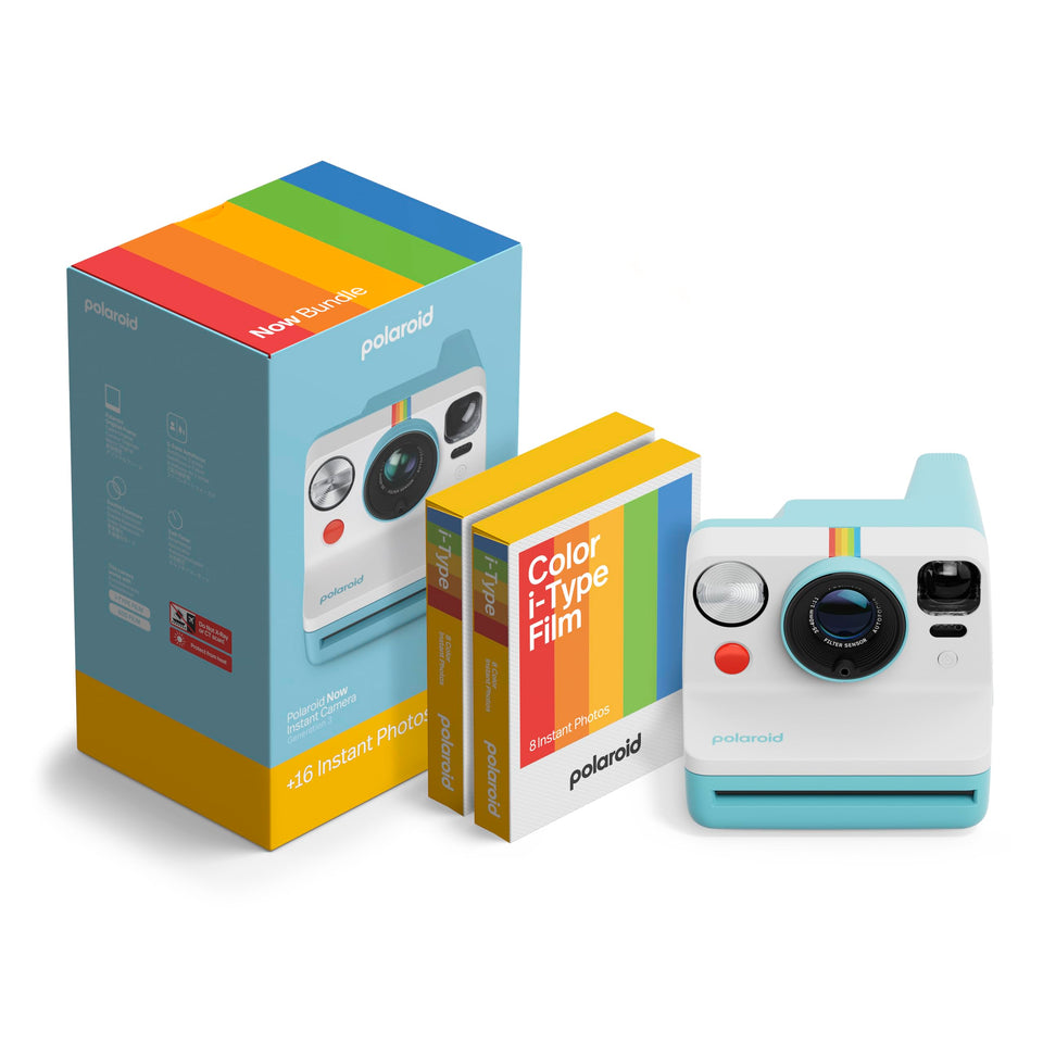 Polaroid Now 3rd Gen Arctic Blue front view for sharp daylight photography.