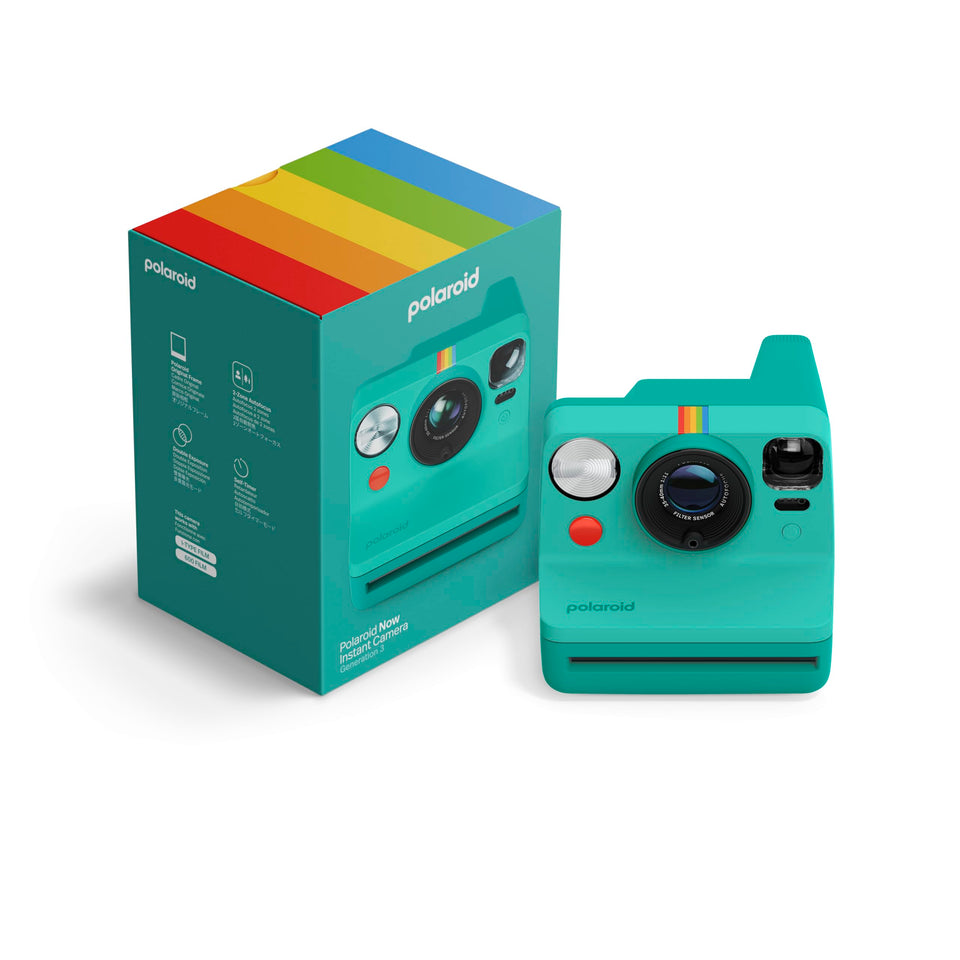 Polaroid Now 3rd Gen Teal front view, compact camera for quick, candid photos.