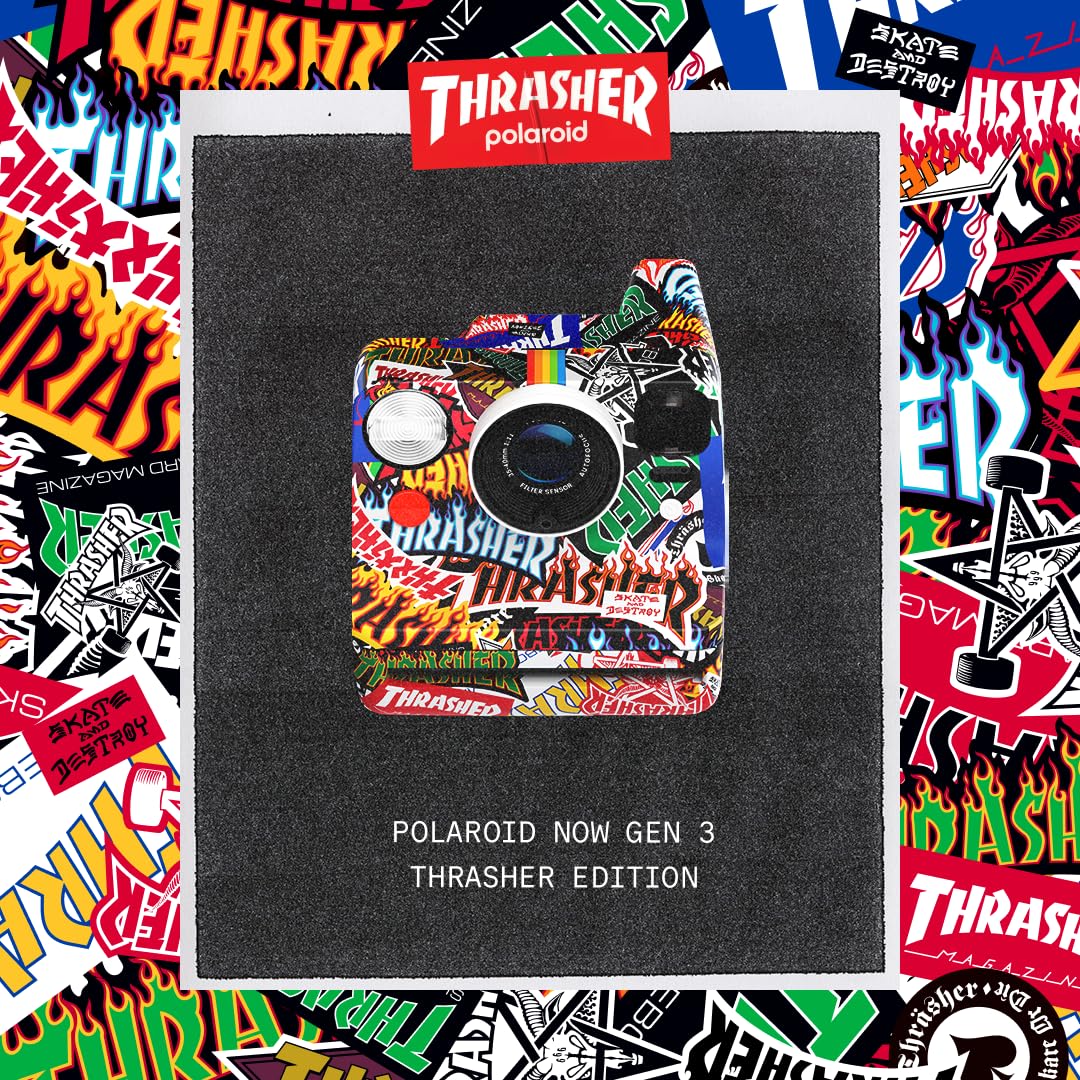 Polaroid Now 3rd Gen Thrasher Edition showcasing self-timer and double exposure features