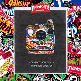 Polaroid Now 3rd Gen Thrasher Edition showcasing self-timer and double exposure features
