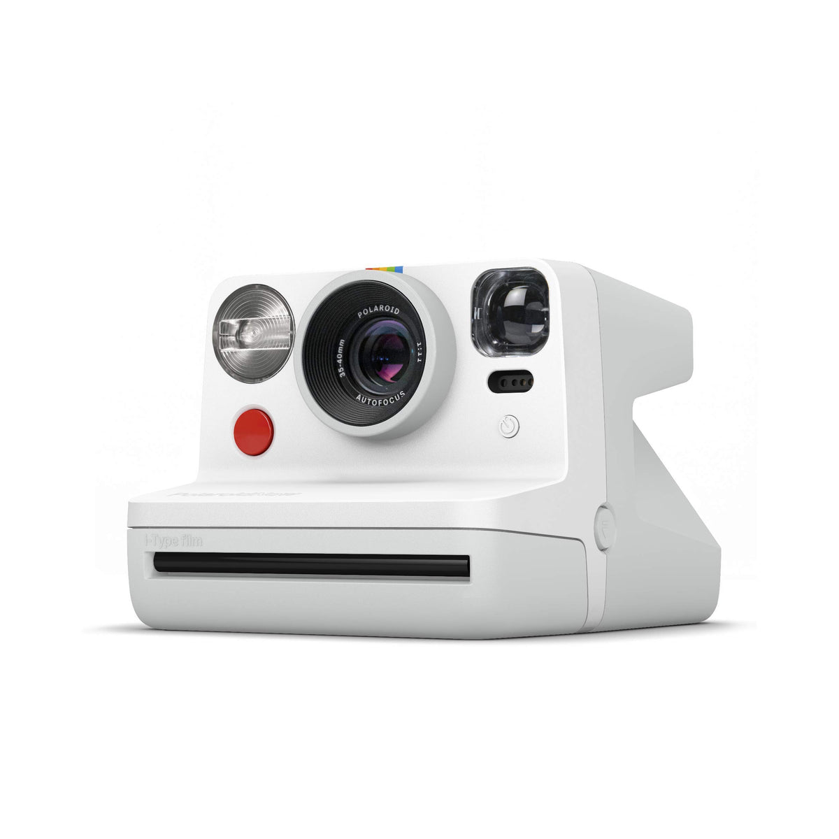 Polaroid Now I-Type white side view showing compact travel-friendly design for easy on-the-go capture.
