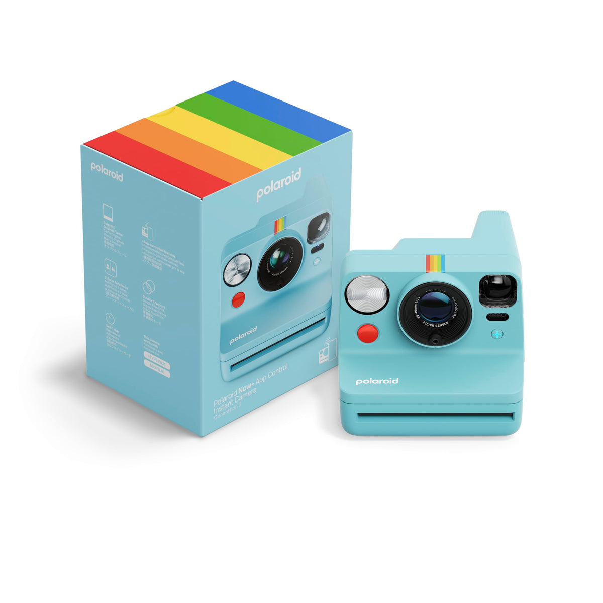 Polaroid Now+ Arctic Blue front view, iconic retro frame with tactile controls for quick, shareable memories.