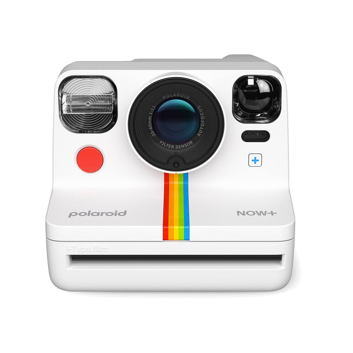 Polaroid Now+ 2nd Gen White front view showing compact, travel-ready design.