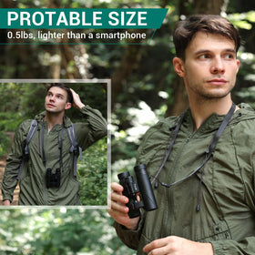 POLDR binoculars held in hand to show compact size and lightweight portability