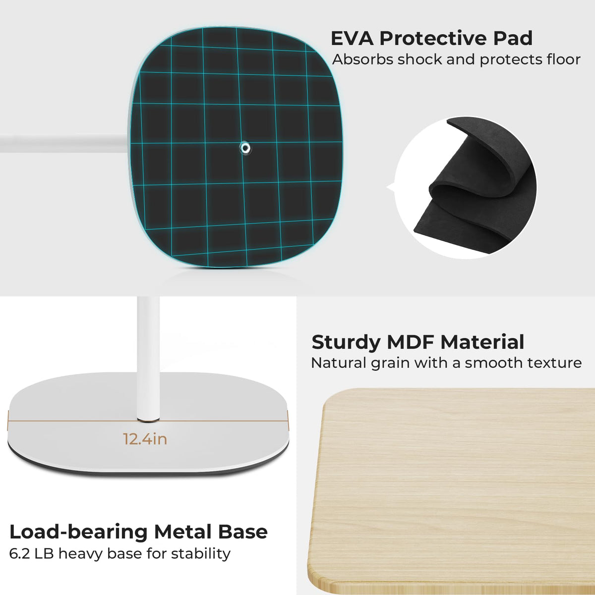 POLESTO base highlights 6 lb weight and 12.4 inch diameter for stability