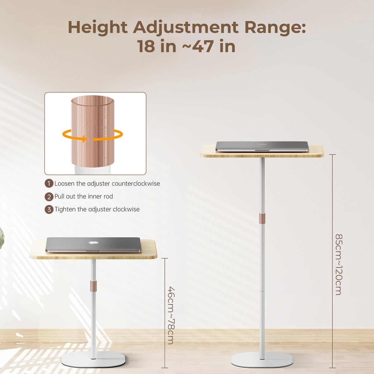 POLESTO portable desk shown in a bedroom setup for relaxed work