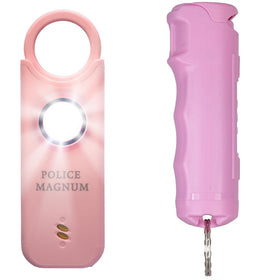 Police Magnum pink safety alarm 135db ready to deter threats at night.