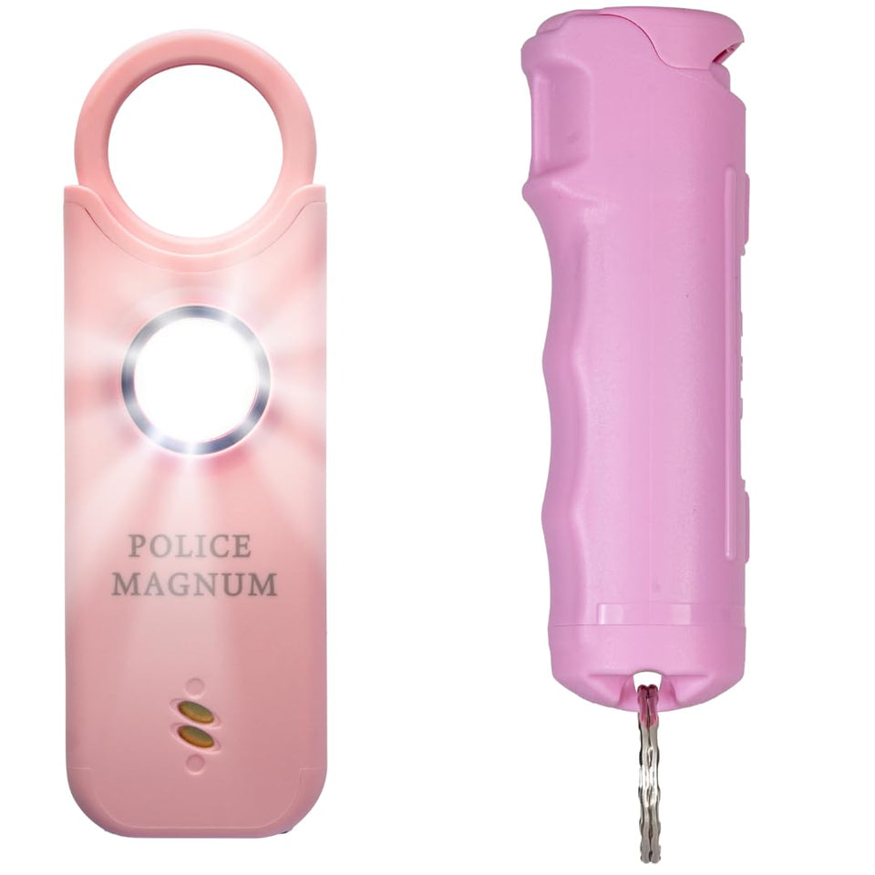 Police Magnum pink safety alarm 135db ready to deter threats at night.