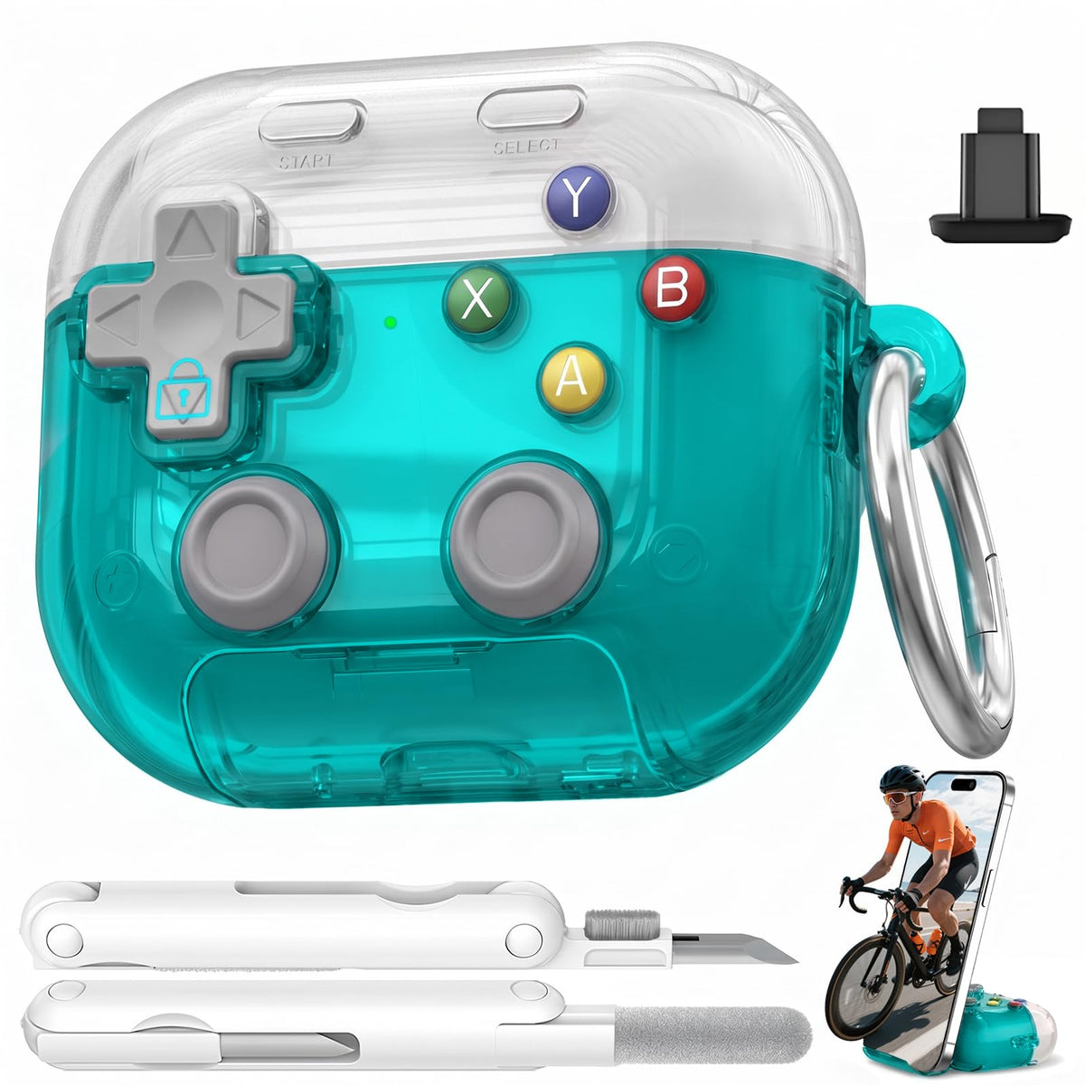 Polislime AirPods 4 case with pressable button in clear blue for stress relief.