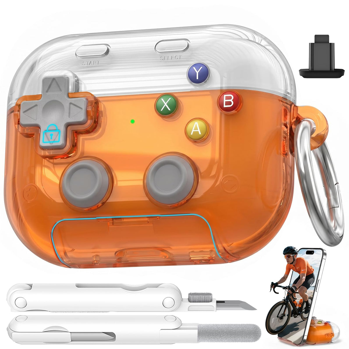 Polislime AirPods Pro 3 case with pressable button in clear orange for quick stress relief.