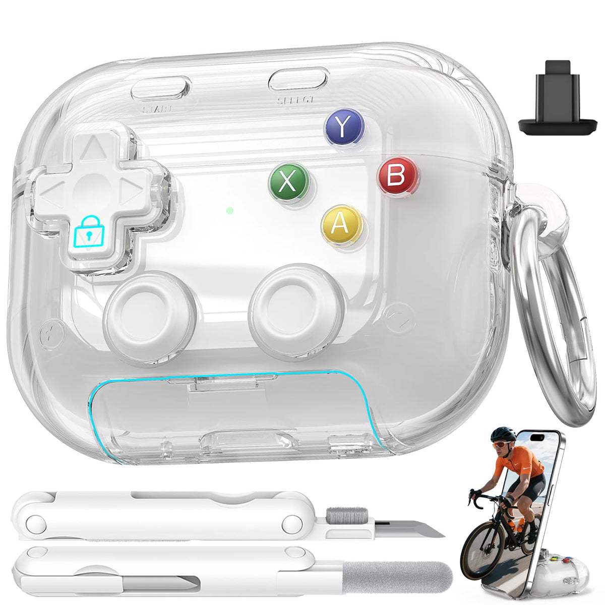 Polislime AirPods Pro 3 case pressable button for stress relief via tactile fidget use.