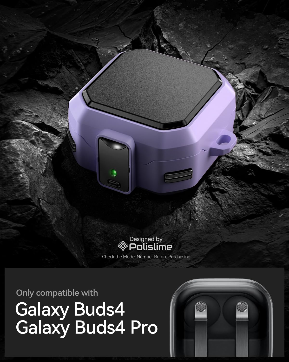 Polislime Buds4 Pro case side view showing carbon fiber texture and rugged shell.