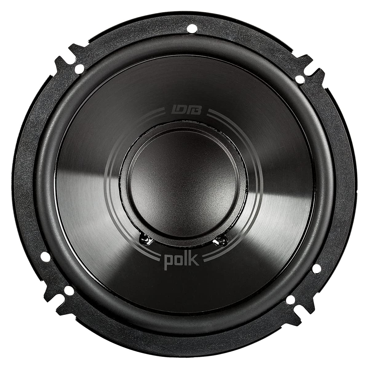 Polk Audio DB6502 woofer close-up showing polypropylene cone for strong bass in cars and boats.