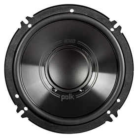 Polk Audio DB6502 woofer close-up showing polypropylene cone for strong bass in cars and boats.