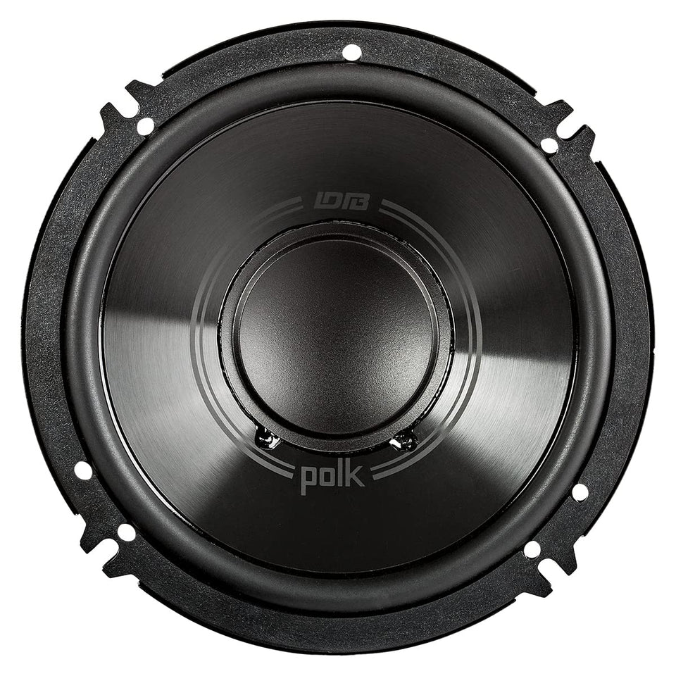 Polk Audio DB6502 woofer close-up showing polypropylene cone for strong bass in cars and boats.