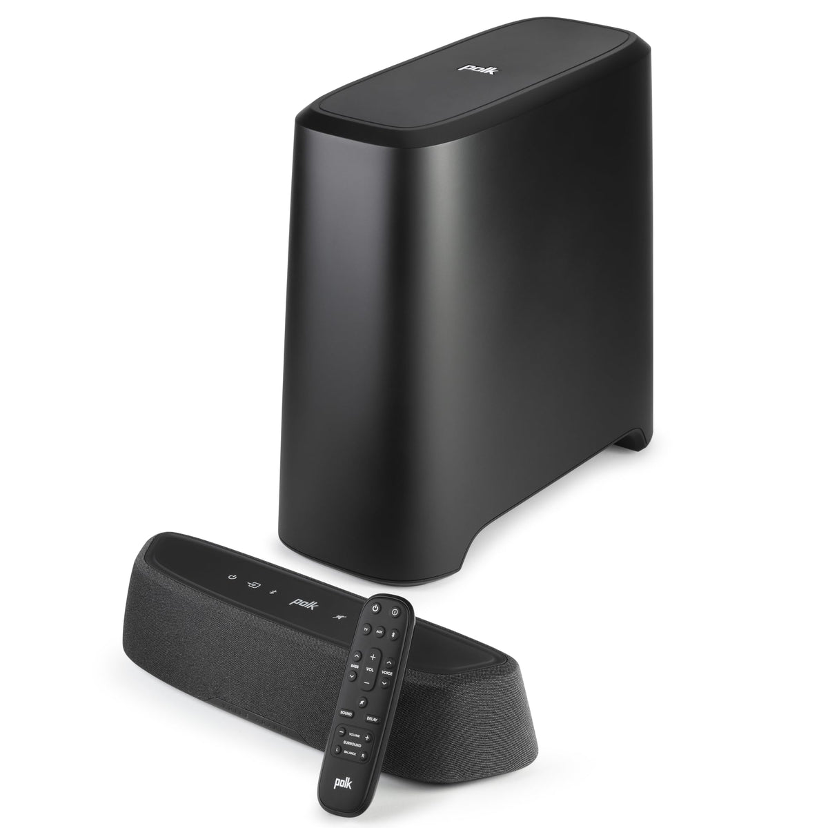 Polk Audio MagniFi Mini AX front view showing compact TV-ready design.