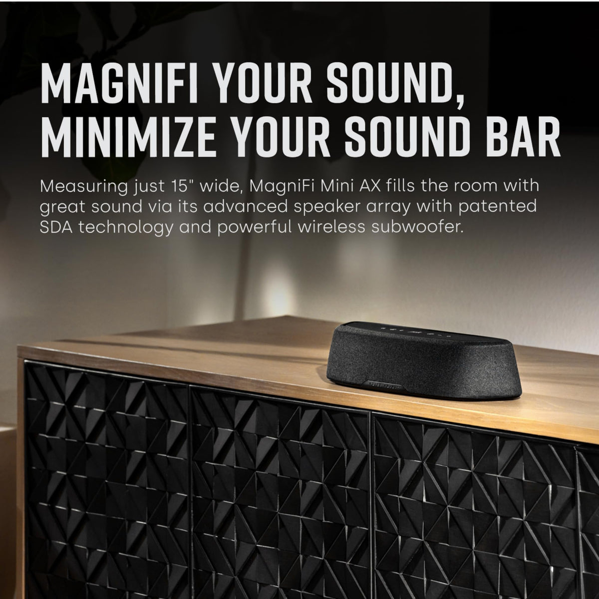 Wireless subwoofer side view emphasizing deep bass from a 10-inch driver.
